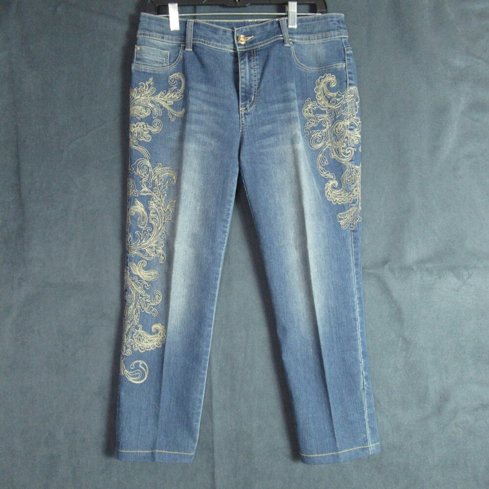 Chicos Platinum Denim Jeans Medium 1 Short Blue Embroidered Western Stretch